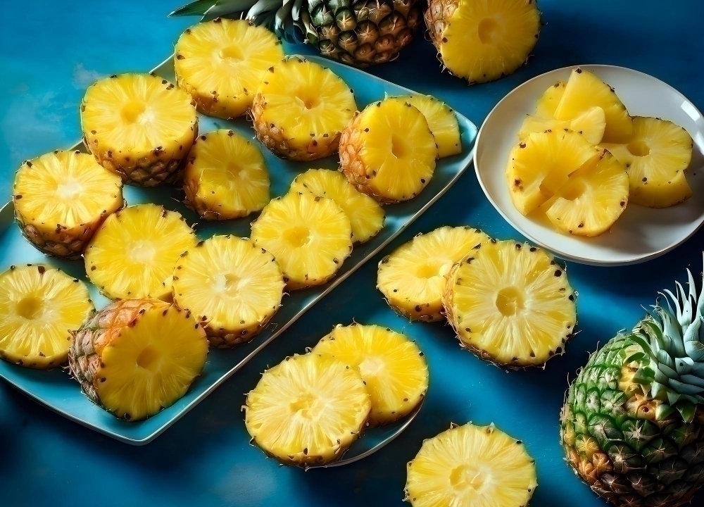 Juicy fresh pineapple cut into slices on the table closeup