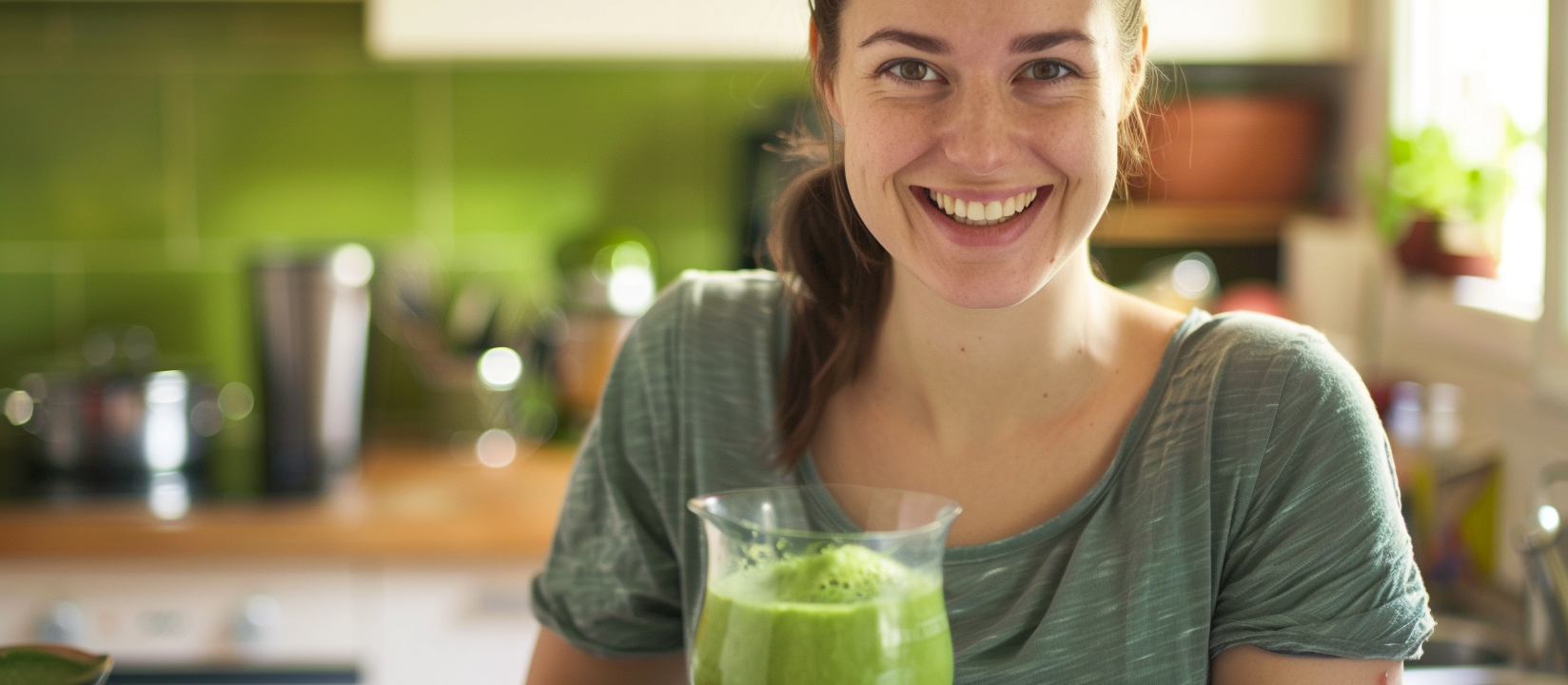 woman with a green smothie in kitchen